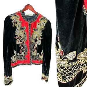 Lillie Rubin black red velvet puff sleeved vintage jacket medium large evening